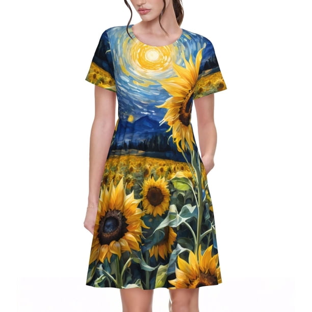 Balery Starry Sky Sunflower Vestidos sueltos de manga corta para mujer, vestidos de verano 2025, vestidos casuales de corte A con vuelo.