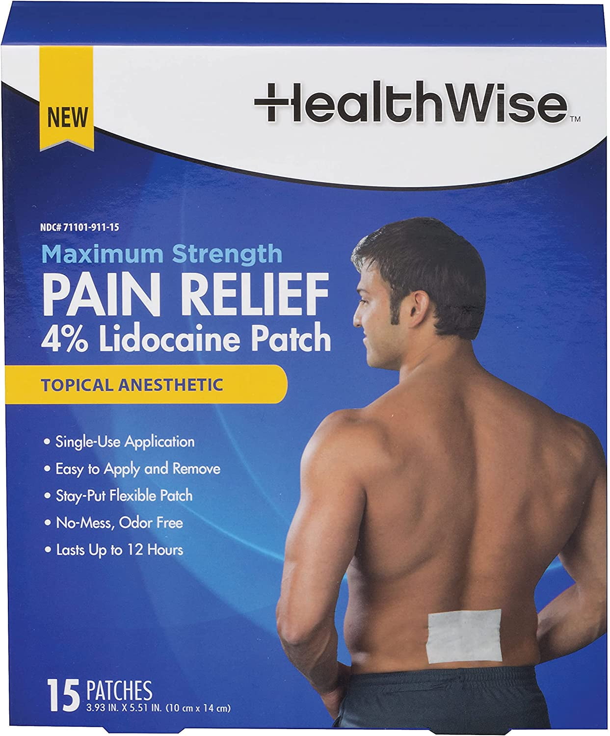 HealthWise™ Maximum Strength Pain Relief 4 Lidocaine Patch, 15 Count