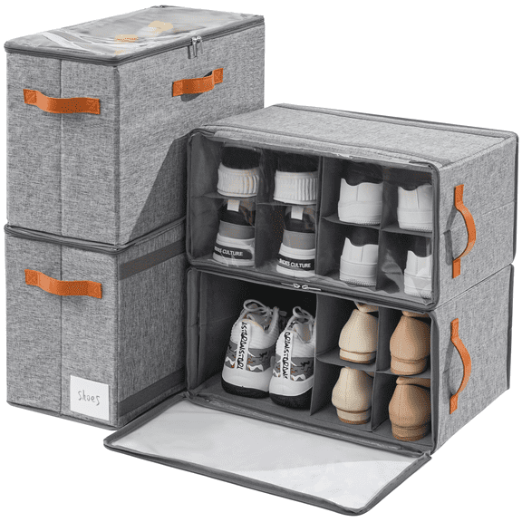 VOZOGO 2 Pack Shoe Organizer for Closet,Fits up to 32 Pairs,Adjustable Dividers for Shoe Storage,Fabric Shoe Storage Bins with Clear Cover,Grey