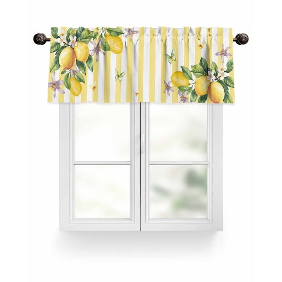 Lemon Flower Butterfly Valances for Windows Leaf Yellow White Striped Valance Rod Pocket Light Filtering Short Window Treatments Curtains for Kitchen Bathroom Living Room Bedroom, 42 x 18 Inch