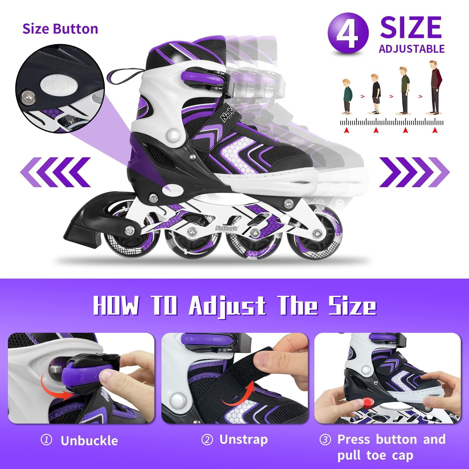 MammyGol Light Up Skates for Kids Girls Boys，Adjustable Inline Skates Youth Beginner Outdoor Purple 5-8