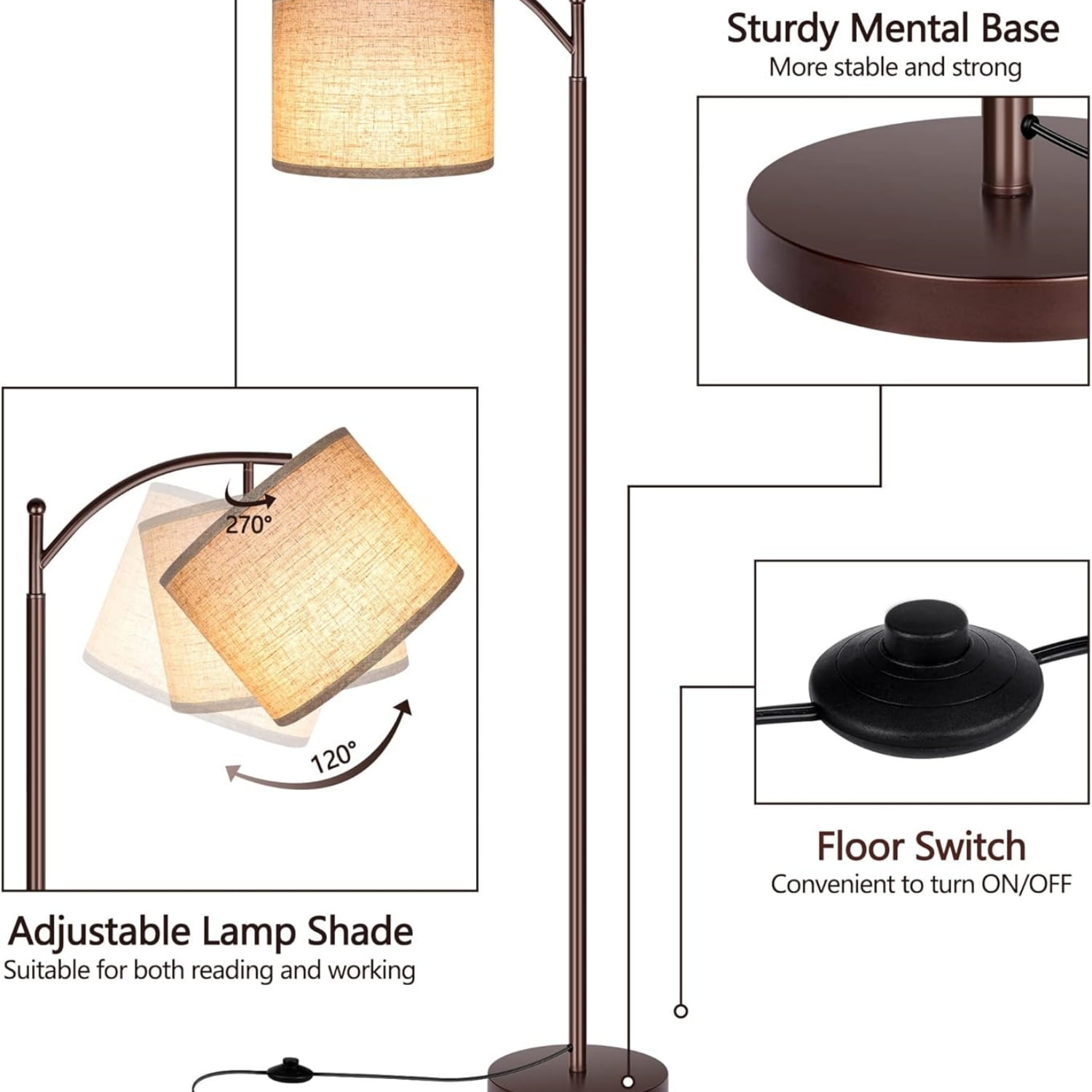 Floor Lamp for Living Room, LED Standing Lamp Tall Floor Lamp Reading for Bedroom, Office (9W LED Bulb, Beige Lampshade Included) -Oil-Rubbed Bronze