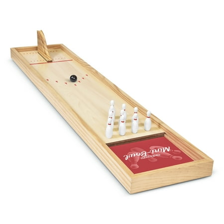 GoSports Mini Wooden Tabletop Bowling Game Set for Kids & Adults - Includes 1 Bowling Alley Board 1 Launch Ramp 2 Mini Bowling Balls 10 Pins & Dry Erase Scorecard