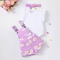 thumbnail image 2 of mgoYE Baby Girl Clothes 6-9 Months Newborn Baby Girl Clothes Summer Outfit Short Sleeve Ribbed Romper Floral Suspender Overalls Shorts Set with Headband 3PC(Purple,9-12 Months), 2 of 5