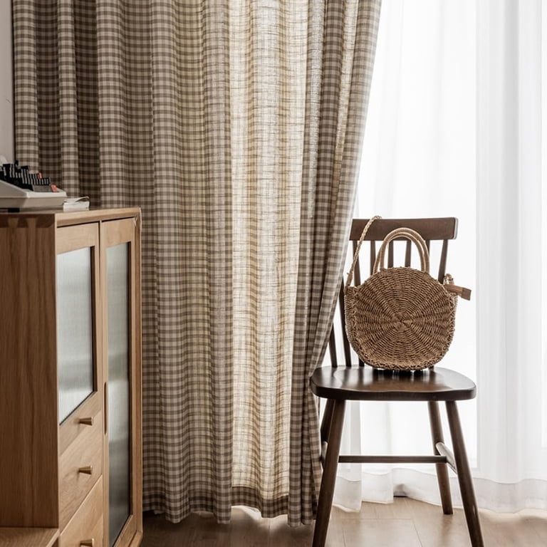 Retro Plaid Curtains - Cotton Linen Blend, Light Filtering, Rod Pocket, 39"x84" Per Panel (Set Of 2, Brown)