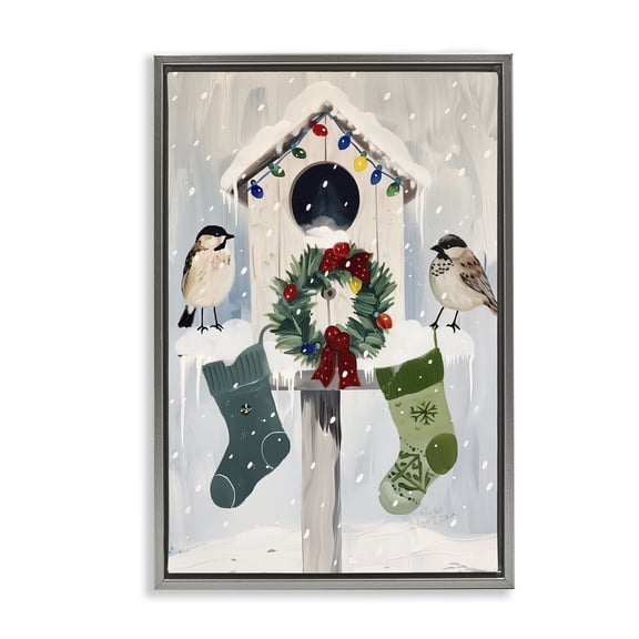 Stupell Industries Festive Christmas Birdhouse Gray Framed Floater Canvas Wall Art, design by Arlington Prints
