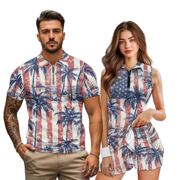 Uorisanigo Hawaiian Tree Couples' Outfits His and Hers Clothing Men Zipper Golf Shirt Quick-Dry Shirt and Womens Golf Dress with Shorts Athletic Sleeveless Dress with Pocket