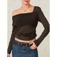 thumbnail image 3 of Caoirhny Womenacute;s Slim Ruched Tops Solid Color Asymmetric Off Shoulder Long Sleeve T-shirt Clubwear for Spring Summer, 3 of 9