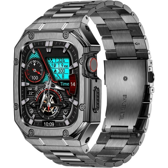 Biwat-Stainless Steel Band with Case Compatible with Apple Watch Ultra 2/1 49mm Series SE 9 8 7 6 5 4 3 2 1 38mm 40mm 41mm 42mm 44mm 45mm with Metal Protective Rugged Cover for iWatch Bands Men