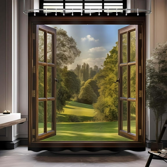 Scenery Shower Curtain Tree Forest Wild Scene Summer Nature Scenery Through Vintage Wooden Window View Shower Curtain Bathroom Home Decor with 12 Hooks 72x72 inches (B)