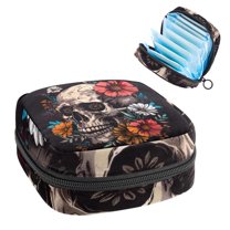 Sanitary Napkin Storage Bag for Girls Women, Portable First Period Pads Bag Tampons Holder Girls Travel Makeup Bag, Large Capacity Skull and Flowers Day of the Dead on Black
