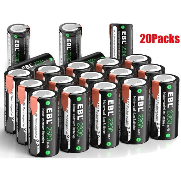 EBL 2300mAh Sub C Rechargeable NiCd Batteries for Power Tools 1.2V Flat Top Sub C Battery with Tabs, 20 Packs