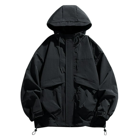 Men's Workwear Trench Coat With Hood, Long Sleeve Patchwork Design, Polyester Casual Outdoor Jacket For Daily Wear, Full Zipper Front Closure
