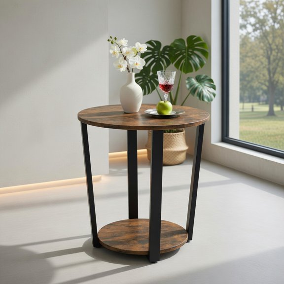 Resenkos Nightstand,Coffee Side Table,2-tier Round End Table with Storage Shelf and Metal Frame-Brown