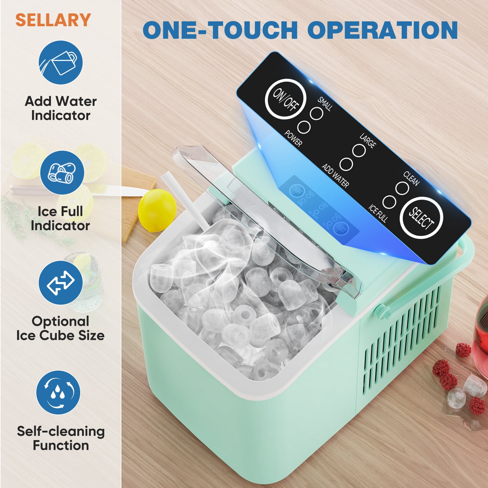 Sellary Portable Countertop Ice Maker, with Handle and Ice Scoop, Green