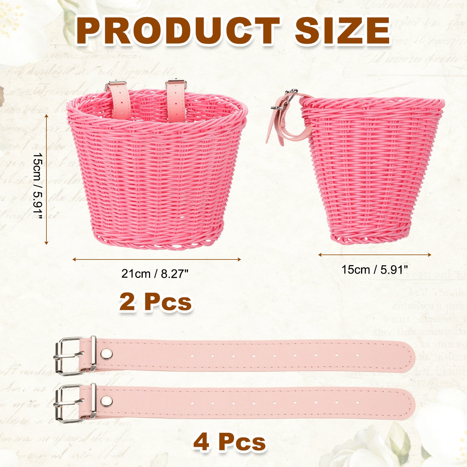 Uxcell Bike Basket Front, Hand-Woven Bicycle Basket with Adjustable PU Belts 2 Pack & Pink-Fitting For(Most Road Bikes, Bicycles/Scooters)