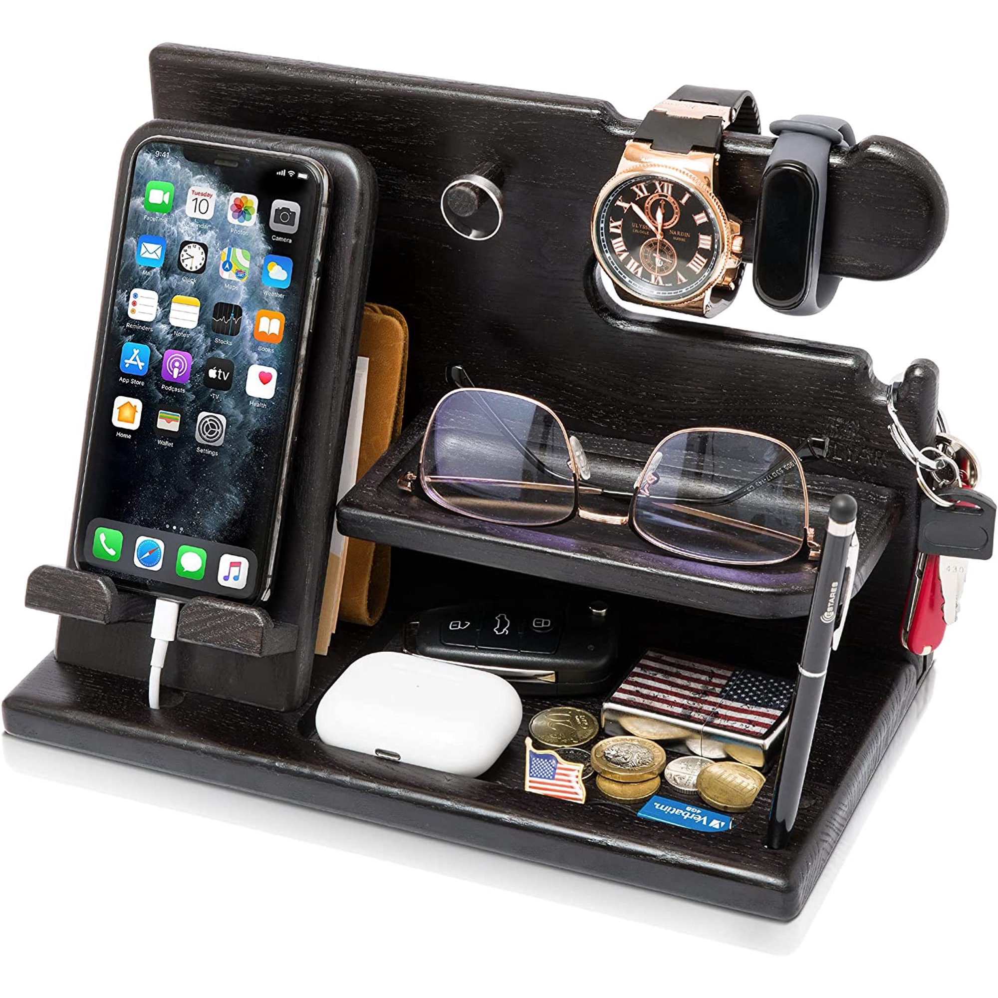 Organiseur De Bureau En Bois Station D'Accueil Téléphone - Cadeau Fête Des Pères Idéal Pour Papa, Support Multifonction
