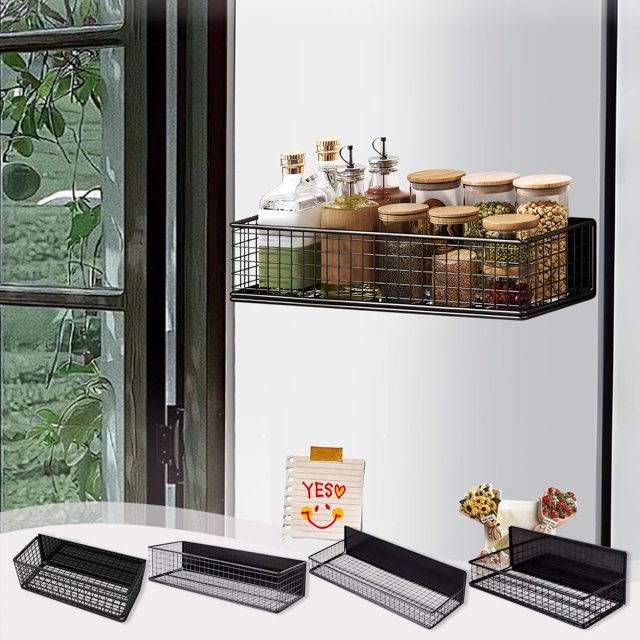 Steel Storage Basket Magnetic Refrigerator Shelf & Spice Rack Tall Large Basket for Kitchen Laundry Room Organizer(Black,1Pcs) Rkxzt