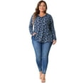 thumbnail image 3 of DARING DIVA Women's Plus Size Floral V Neck Long Sleeve Ruffle Tunic Blouses 1X Navy Blue, 3 of 6