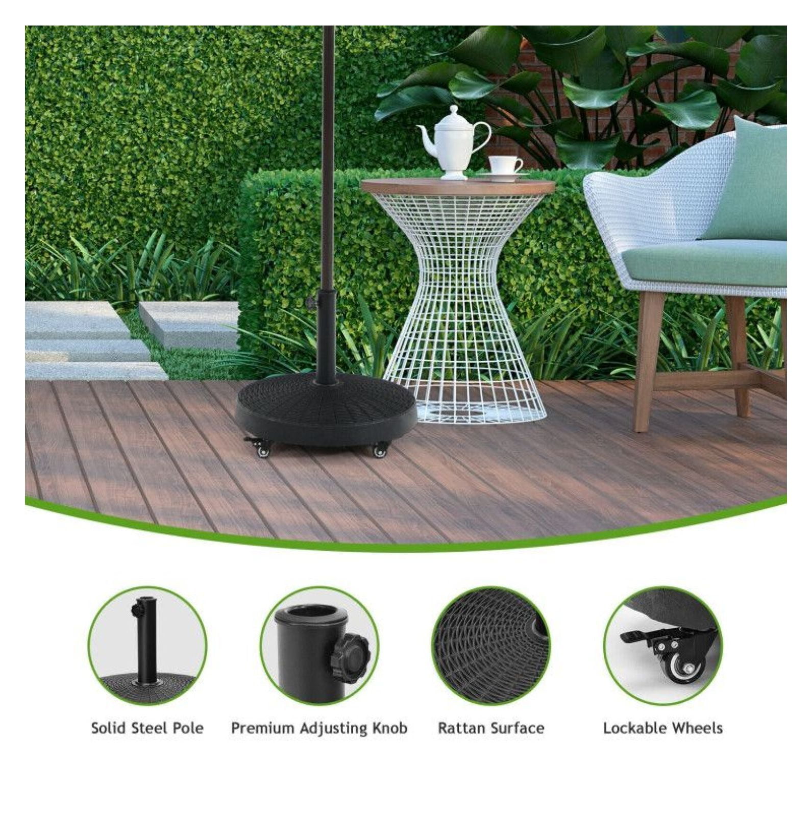 50 LBS Umbrella Base, Patio Resin Wicker Stand with Wheels - Heavy Duty Outdoor Umbrella Holder for Backyard, Poolside, 1.5"/1.9" Pole