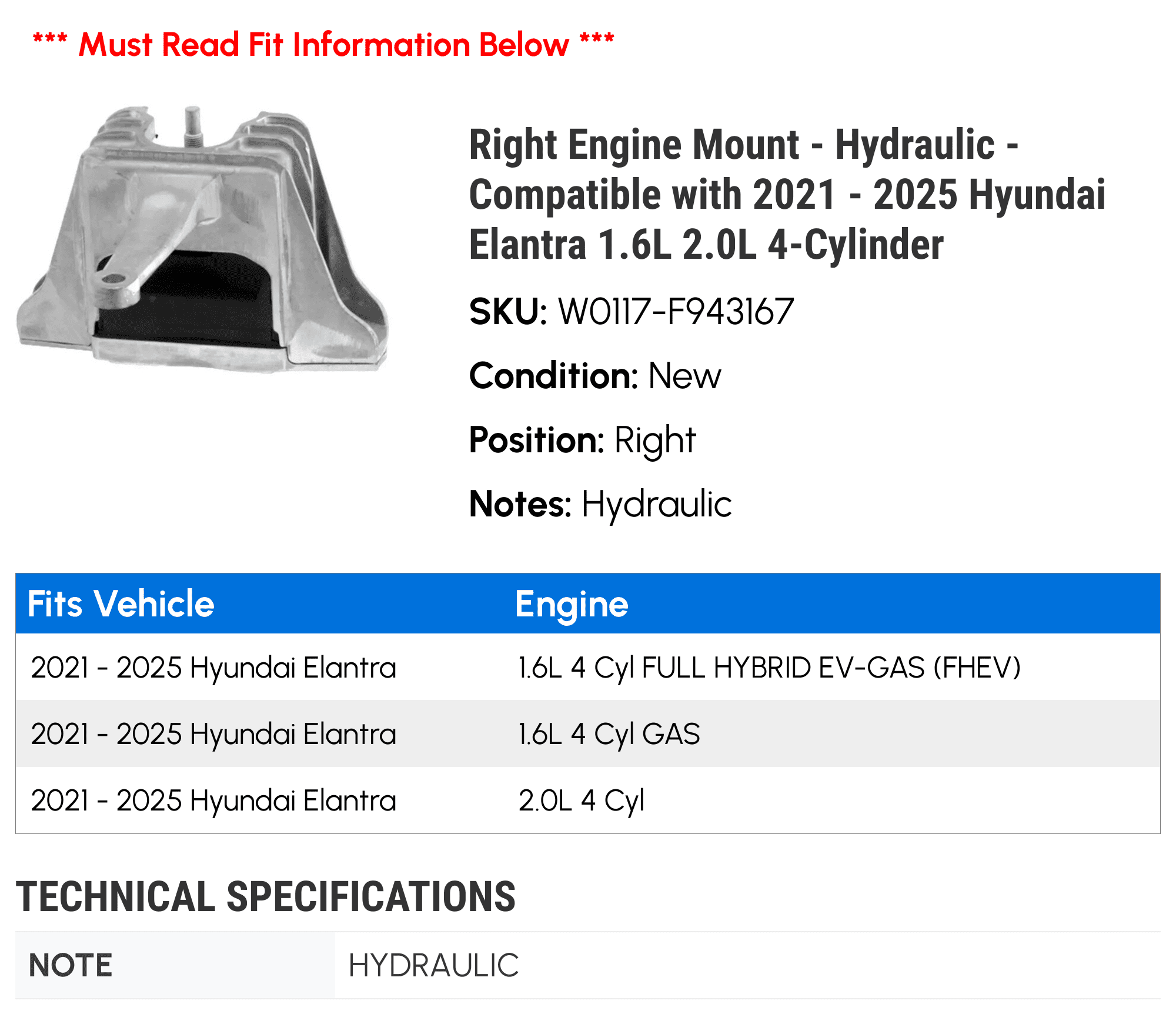 Right Engine Mount - Hydraulic - Compatible with 2021 - 2025 Hyundai Elantra 1.6L 2.0L 4-Cylinder 2022 2023 2024