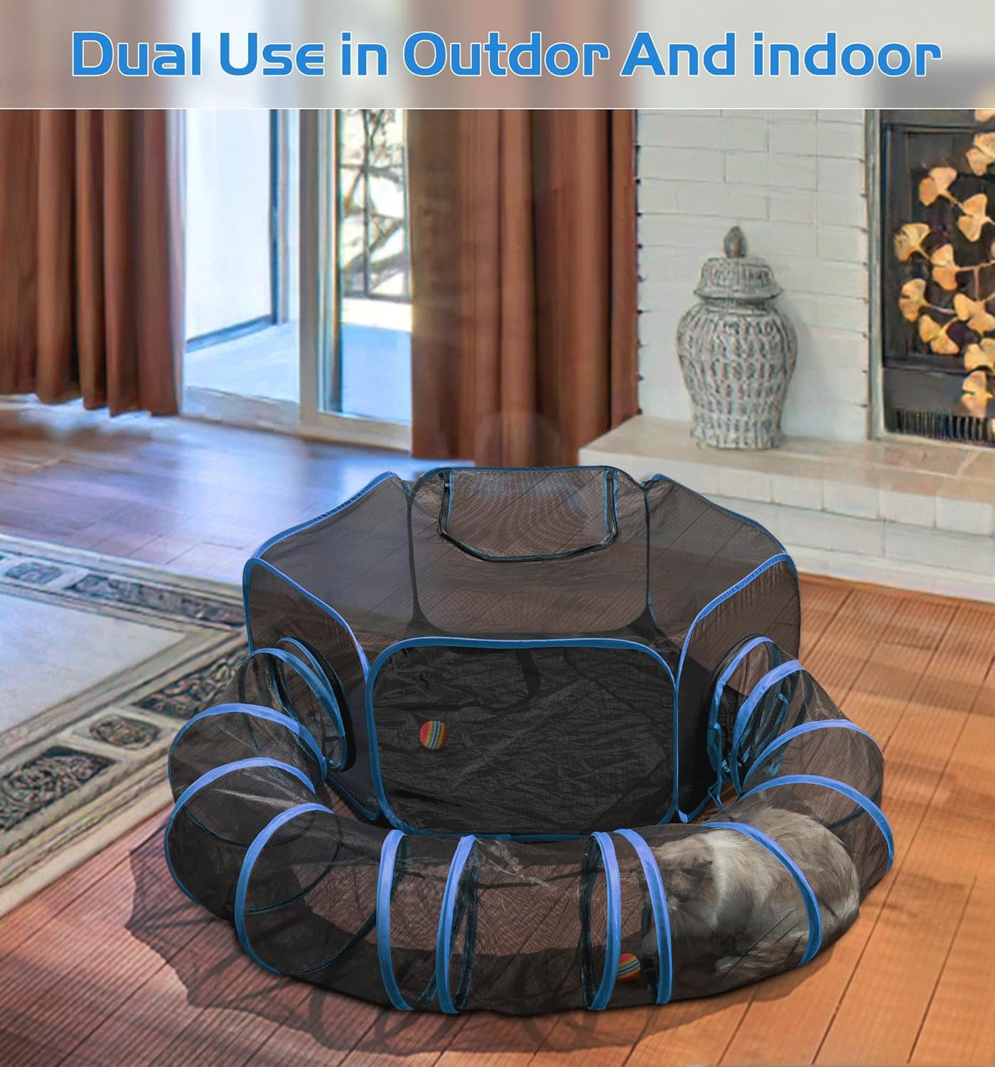 Senhu Outdoor Cat Enclosures, Portable Cat Tent for Outside Cat Playpen Enclosed with Tunnel, Catio Cat Enclosure for Indoor Cats and Other Small Animals Blue