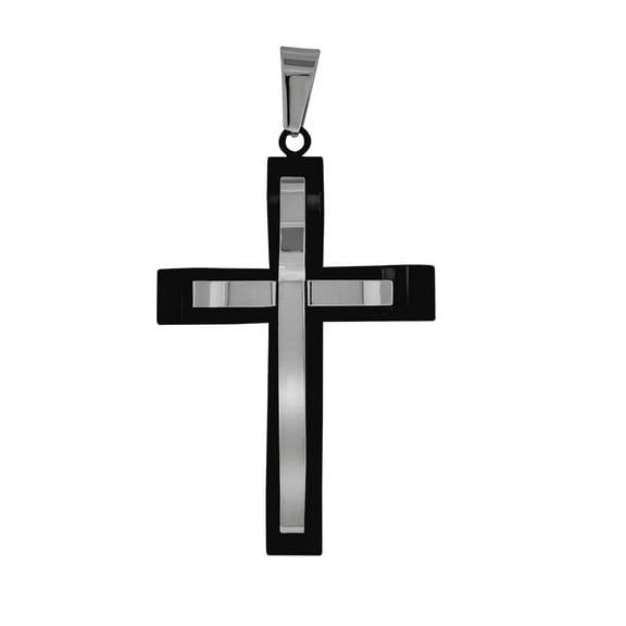 Stainless Steel Mens Two Layer Black Cross Religious Charm Pendant 34.6mm Wide Necklace for Men