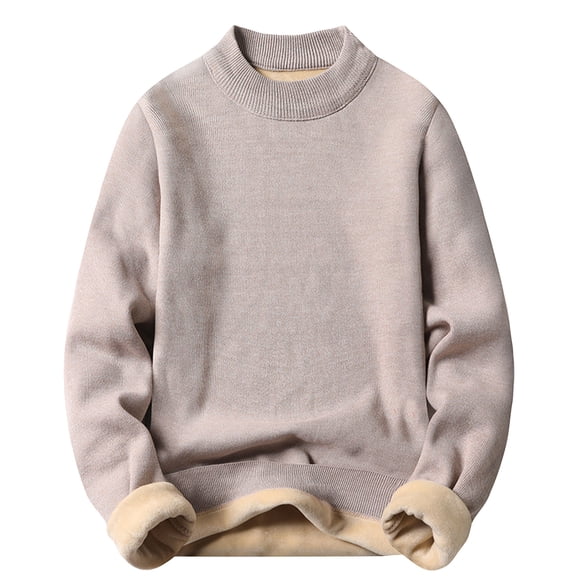 Wutalume Men's Solid Color Fleece-Lined Knitted Sweater for Casual Base Layer, Warm and Soft, Perfect for Everyday Comfort and Winter Style,Beige L