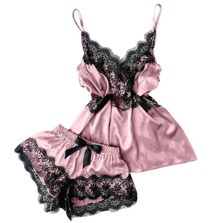 

Knosfe 2 Pack Solid Color Sexy Pjs Sleepwear Cami and Shorts Set Nightgown Satin Pajamas Set for Women