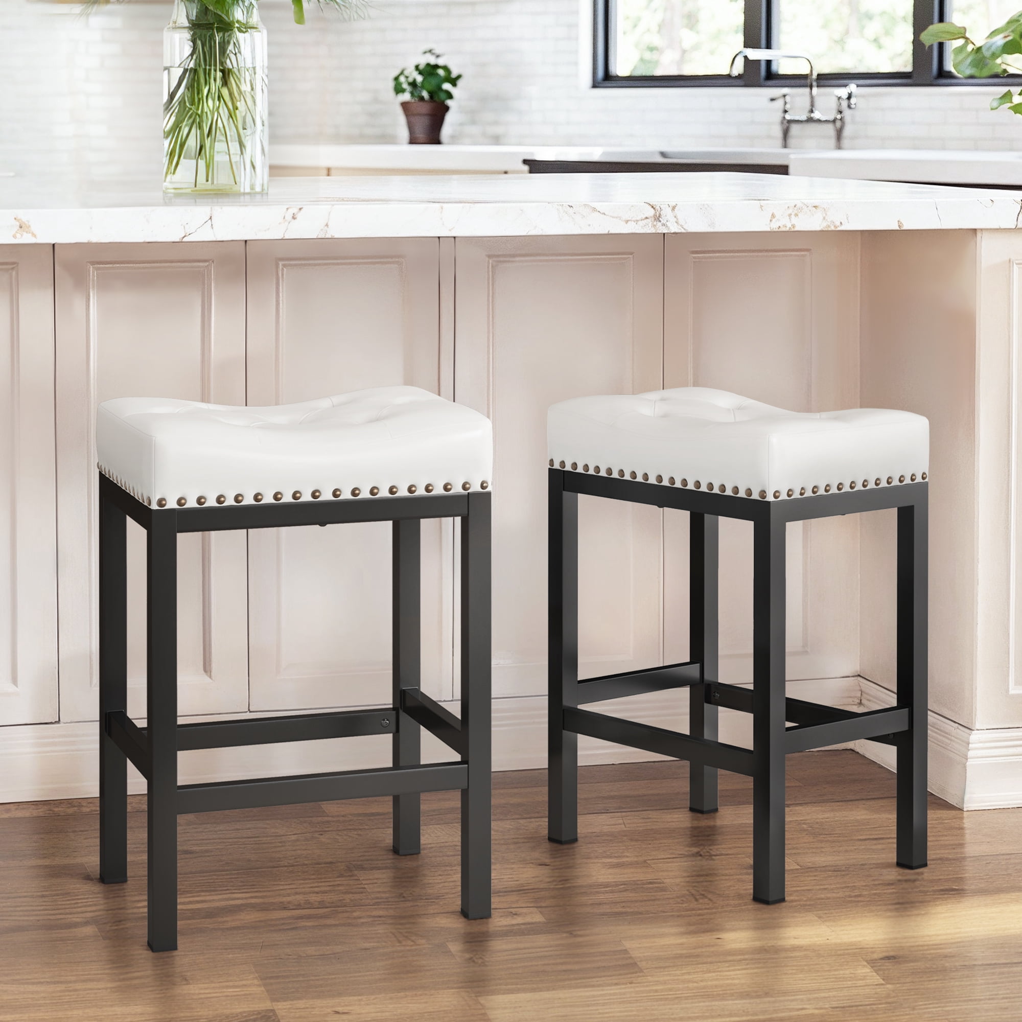 Dycanpo 24” Saddle Bar Stools Set of 4 with Modern Metal Legs, for Home Kitchen, White