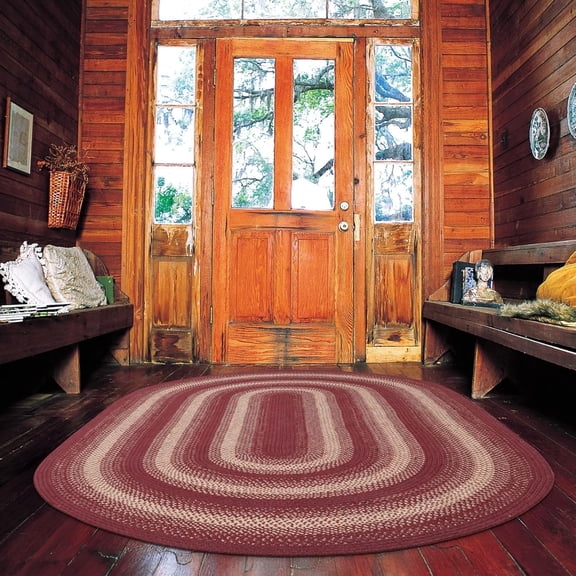 Autumn Maple Burgundy and Tan Braided Oval Area Rugs, Jute, 5x8' - Rustic Primitive Decor for Living Room, Dining Room, Everywhere