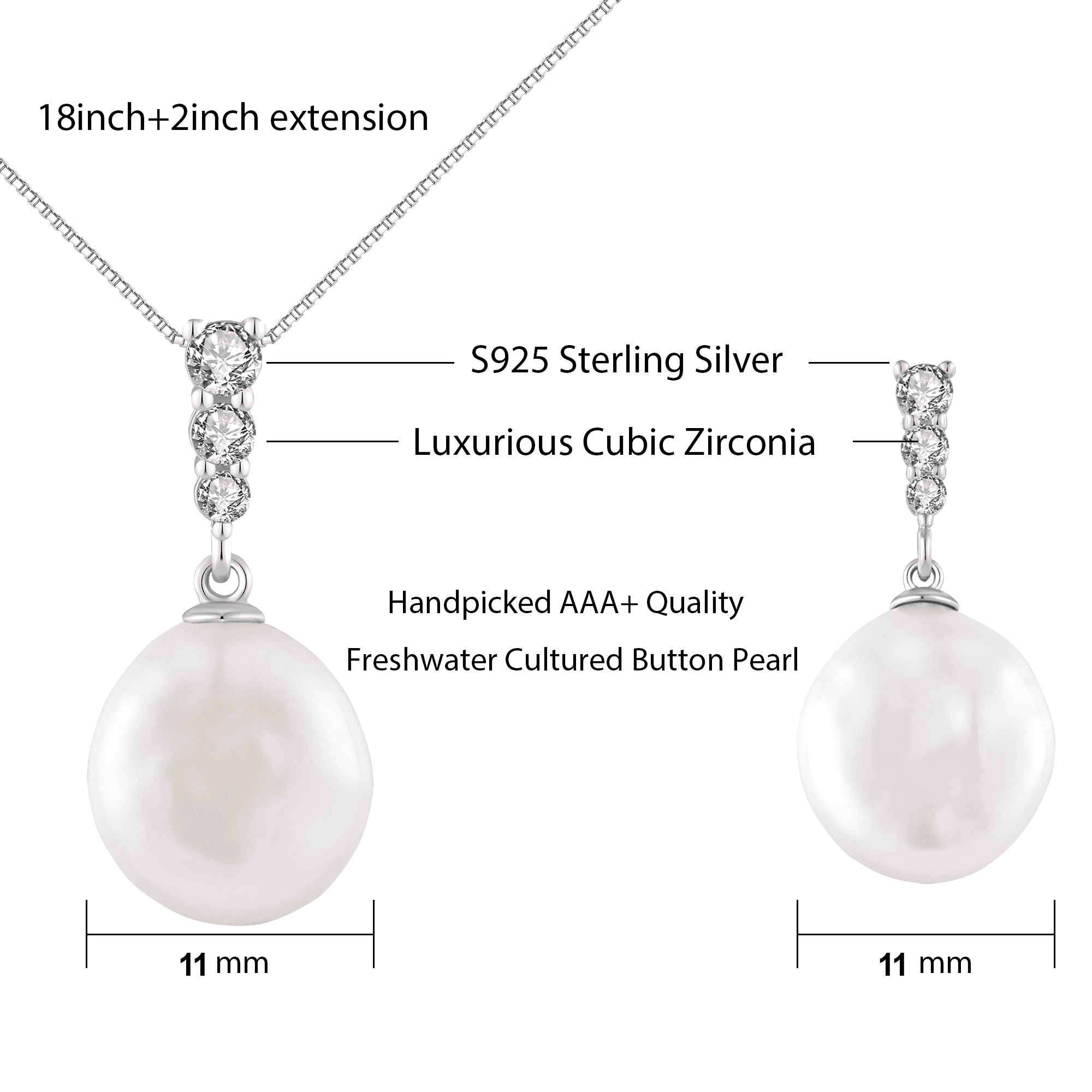 YAMI 9-10mm Cultured Pearl Necklace & Earrings Set 925 Sterling Silver CZ Button Pearl  Jewelry Gift for Women
