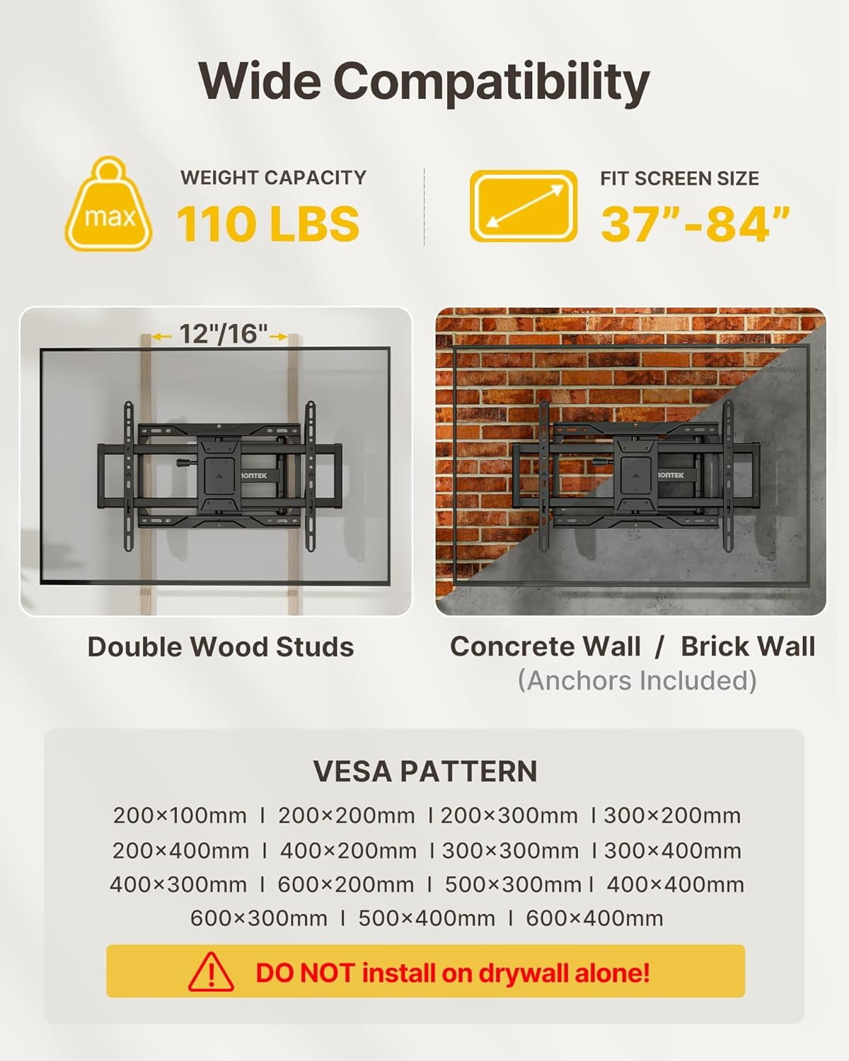 monTEK Full Motion TV Wall Mount for 37-84 inch TVs, Articulating TV Bracket, Tilt & Swivel, Max VESA 600x400mm, Holds 110 lbs