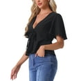 thumbnail image 4 of INSPIRE CHIC Women's Peplum Blouse Top Ruffle Sleeve Bow Tie Decor Deep V Neck Tops XL Black, 4 of 5