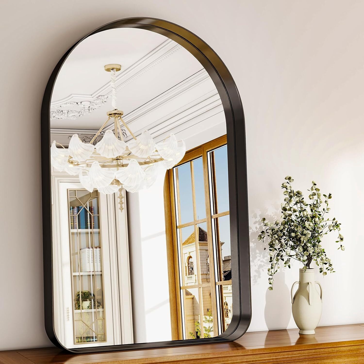 Anyrose 30"x 20"Arched Bathroom Mirror Wall Mirror Deep Frame Hanging,Black