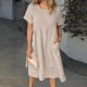 thumbnail image 1 of ICHUANYI Clearance Women’s Fashion Solid Short Sleeve Round-neck Pocket Retro Long Dress(Khaki, M) ICHUANYI WER2023080809005, 1 of 6