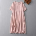 thumbnail image 2 of Ladies Summer Linen Dress Short Sleeve Round Neck Pleated T Shirt Long Maxi Dress Casual Loose Cozy Sleep Dress (L, Yellow), 2 of 5
