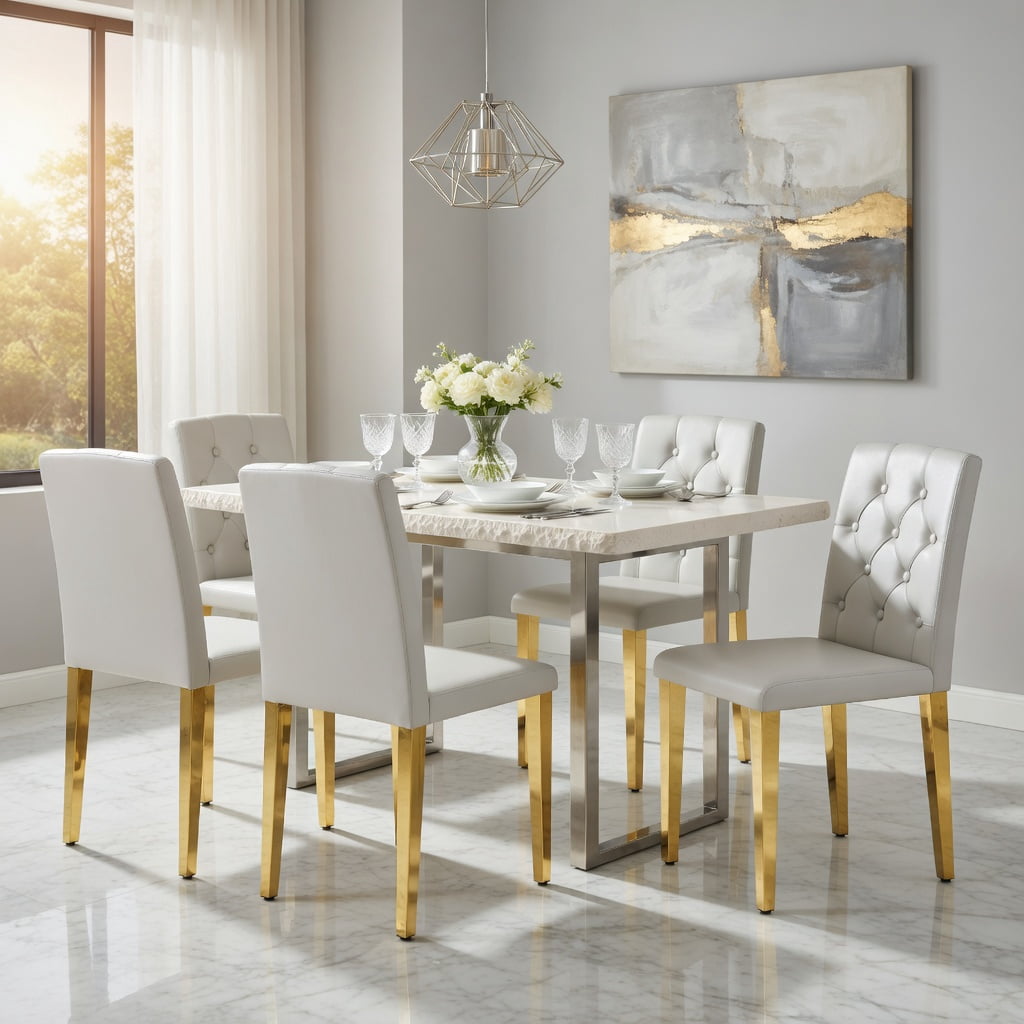 Hommoo 4-Pack PU Leather Dining Chairs with Ergonomic Buckle Backrest & Metal Legs, 35 in Tall, Commercial-Grade for Restaurants, Banquet Halls & Modern Homes, Light Gray & Gold