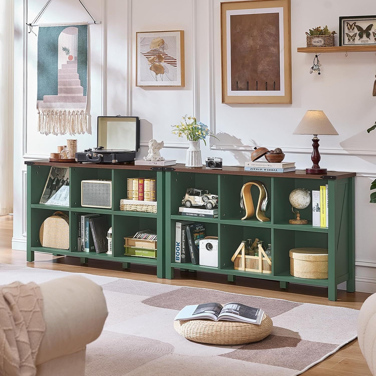 Joaxswe 6 Cube Storage Organizer, Farmhouse Green 47.2'' Wide 2 Tier Display Book Shelf, Wooden Cube Bookcase for Living Room, Bedroom, Office