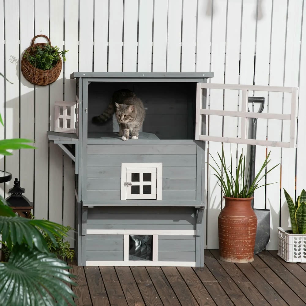 GVN Cat Catio Enclosure, Cat Cage House,Outdoor Cat House, 3-Tier Kitty Shelter with 5 Escape Doors, Gray & White