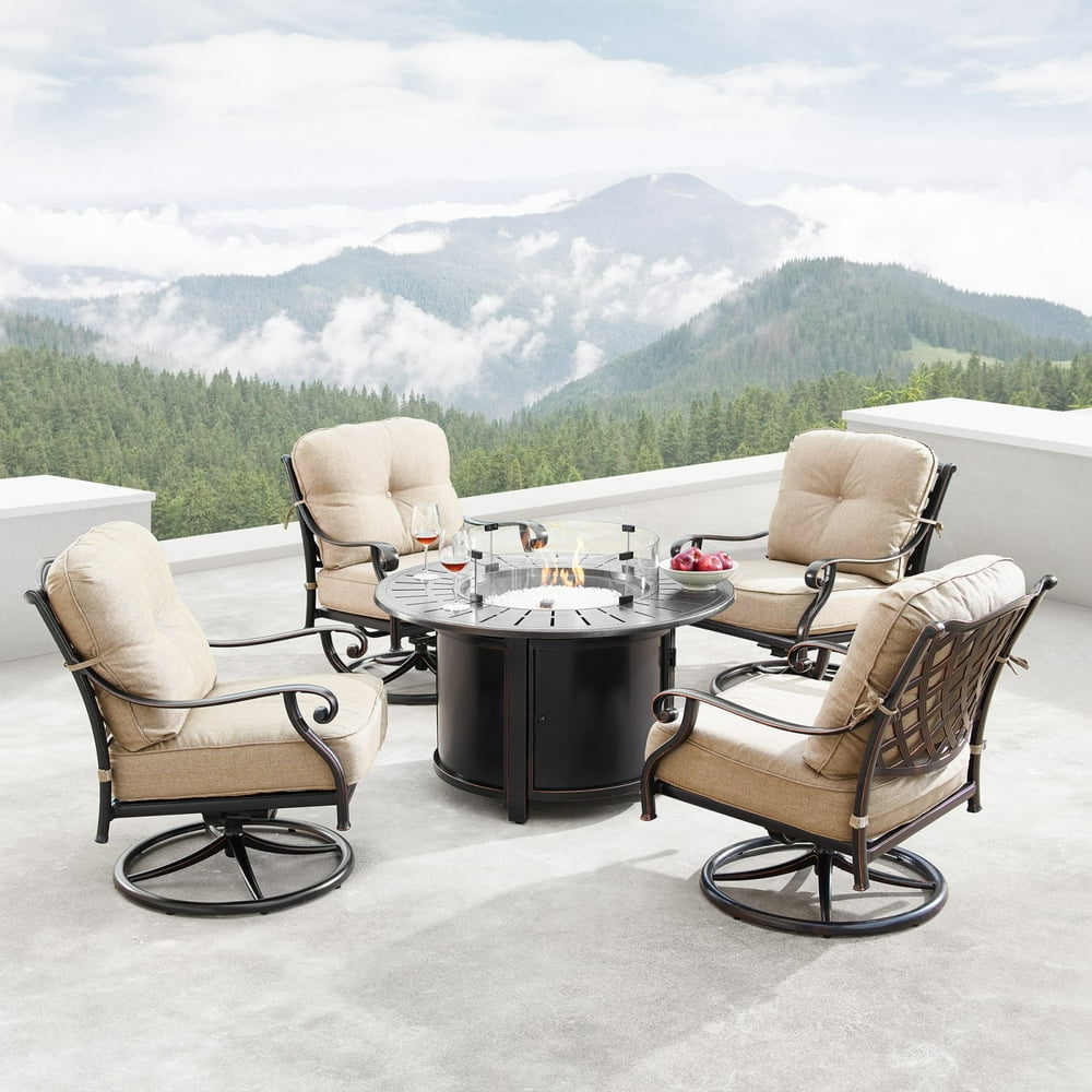 Outdoor Aluminum 44 in. Round Fire Table Set with Four Deep Seating Swivel Rocking Chairs, Wind 