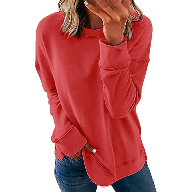 Gibobby Sudadera con forro polar Mujer 1 Uds. Sudadera holgada informal de manga larga con cuello redondo de Color sólido para mujer Otoño Invierno 1 Uds. Sudadera sin capucha(Rojo, S)