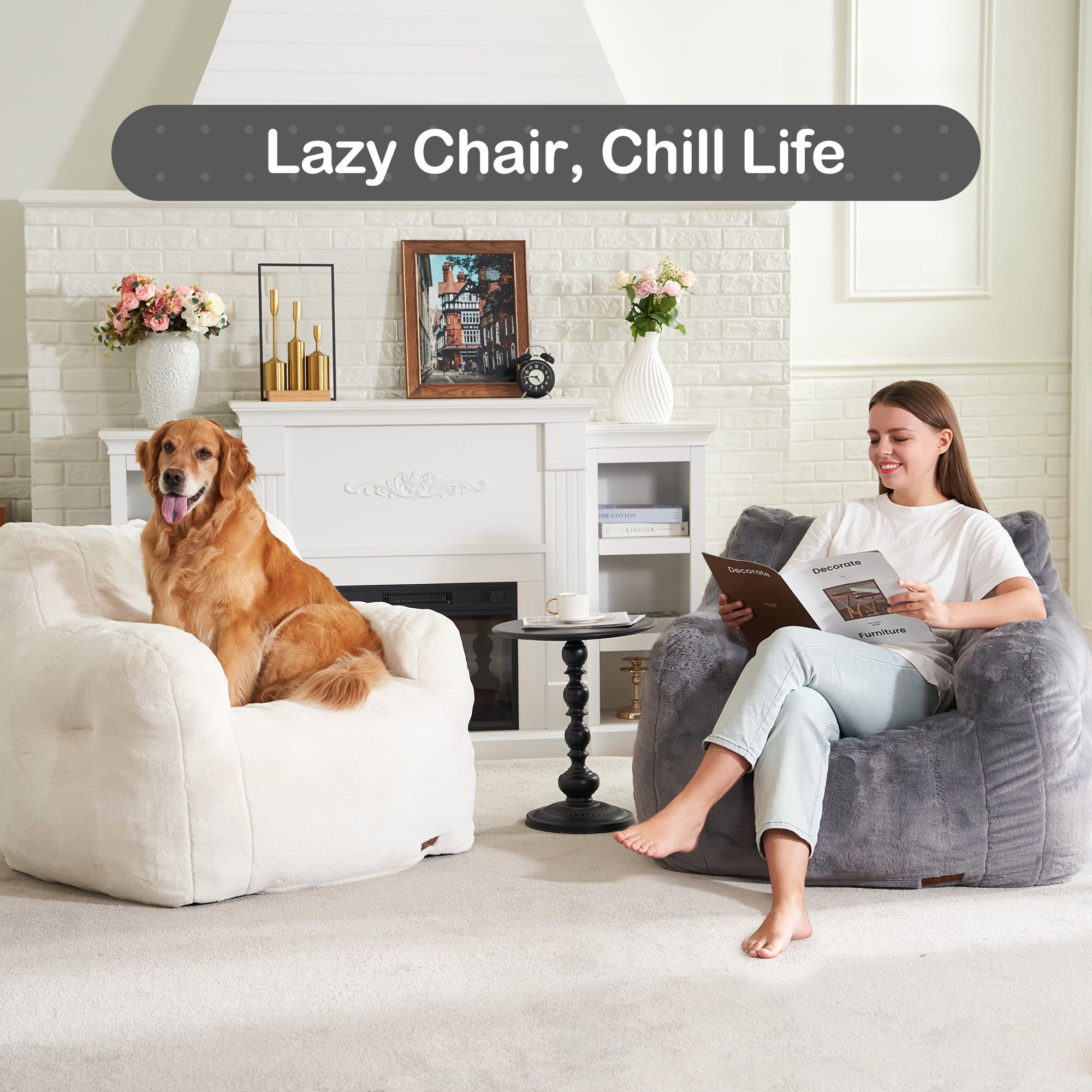 Hobestluk Bean Bag Chair for Adult Small Bean Bag Chairs with Arms Furry Beanbag Chair with Foam Filler Stuffed Bean Bag Sofa for Reading in Bedroom Living Room and Dorms(Grey)