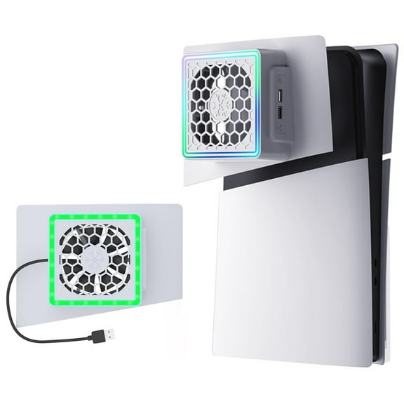 Cooling Fan for PS5 Slim with Plate Cover Adjustable Heatsink RGB LED Lights and 2 USB HUB Accessories-White