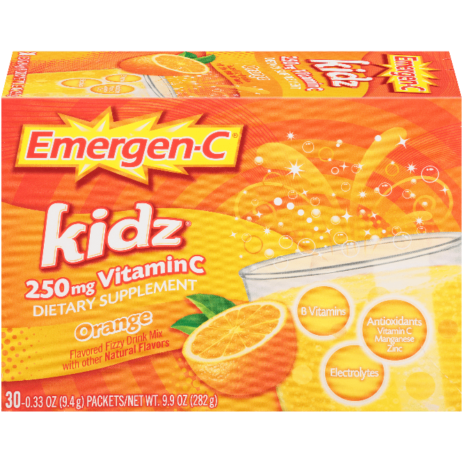 Emergen C Kidz 30 Count Orange Dietary Supplement Fizzy Drink Mix With 250mg Vitamin C 0 33 Ounce Packets Caffeine Gluten Free Walmart Com Walmart Com