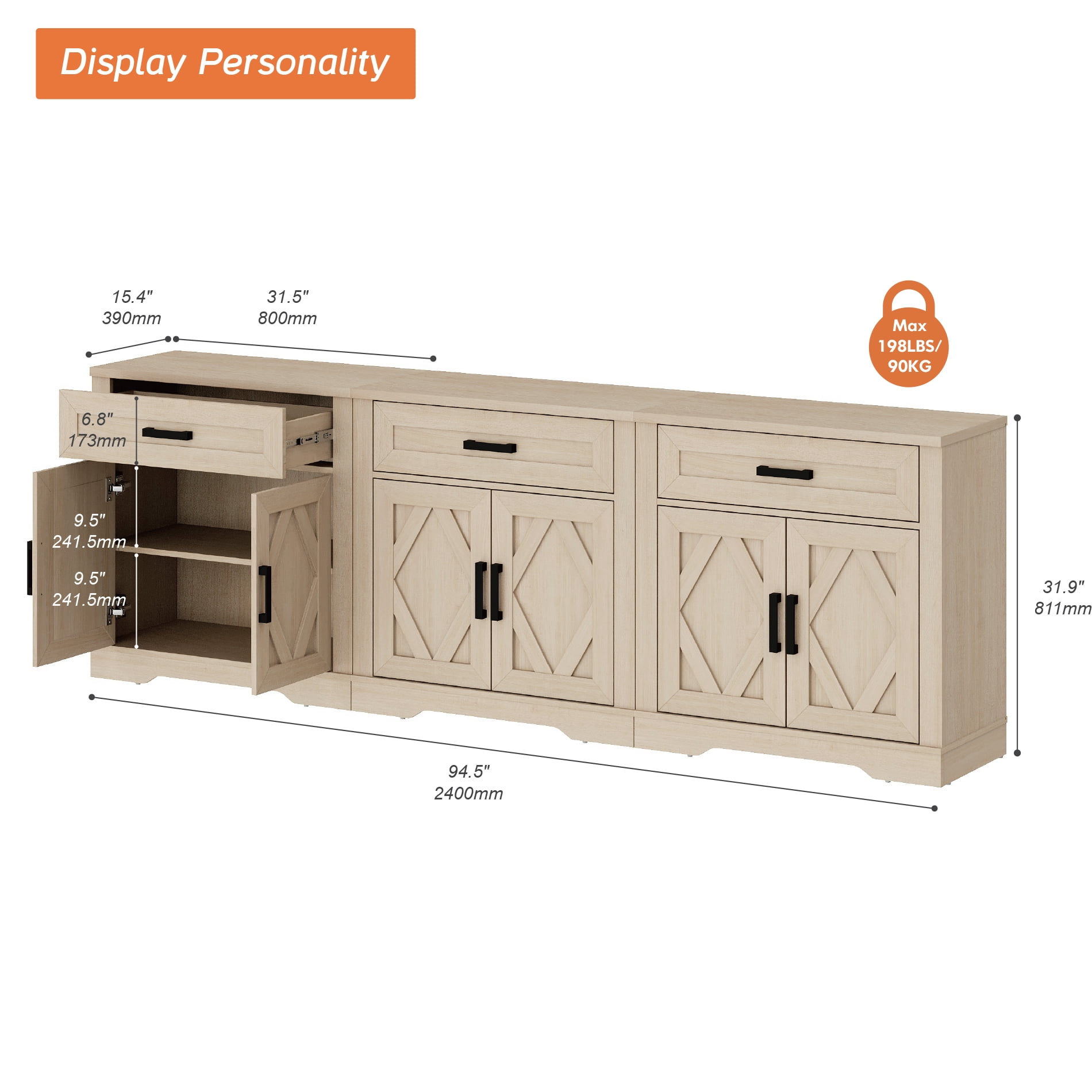 WAMPAT 94.5"W Farmhouse Buffet Sideboard with Barn Doors, Drawer & Storage, Beige