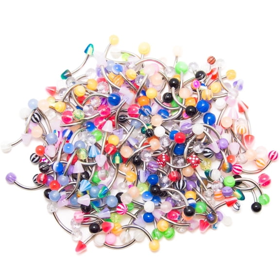 100-Pack Mix 316L Surgical Steel and Acrylic 14ga-3/8"(10mm) Curved Barbells