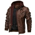 thumbnail image 3 of IYTR Mens Jackets Solid Color Long Sleeve Jacket Zipper Hooded Neck Slim Hooded Leather Jacket with Pocket Brown XXXL, 3 of 6