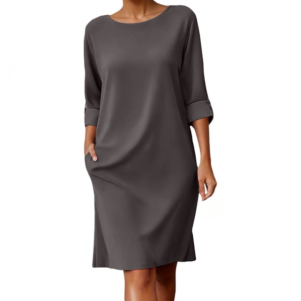 grey t shirt midi dress NSLGXD Womens Summer Casual Dresses Cotton Linen Crewneck Elbow-Length Short Sleeve T-Shirt Solid Classic Fit Tunic Dresses with Pockets Gray Dress,Size S-2XL Style:FA260131