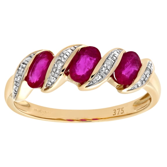 9ct Gold Jewelco London Diamond Oval Ruby Wavy Ribbon Pod Trilogy Ring 2mm